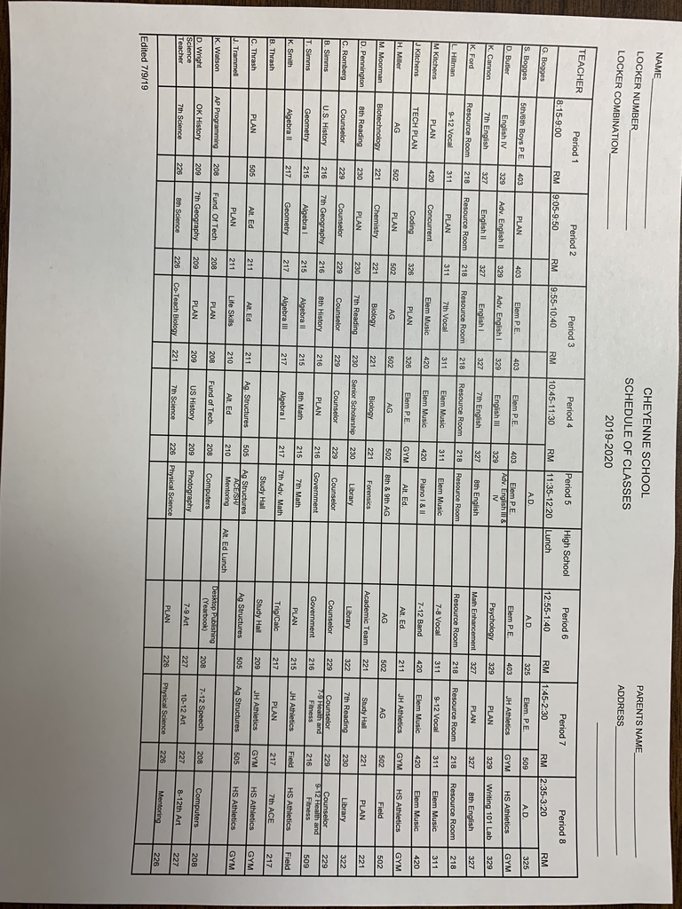 2019-20 Class Schedule as of 7-9-19